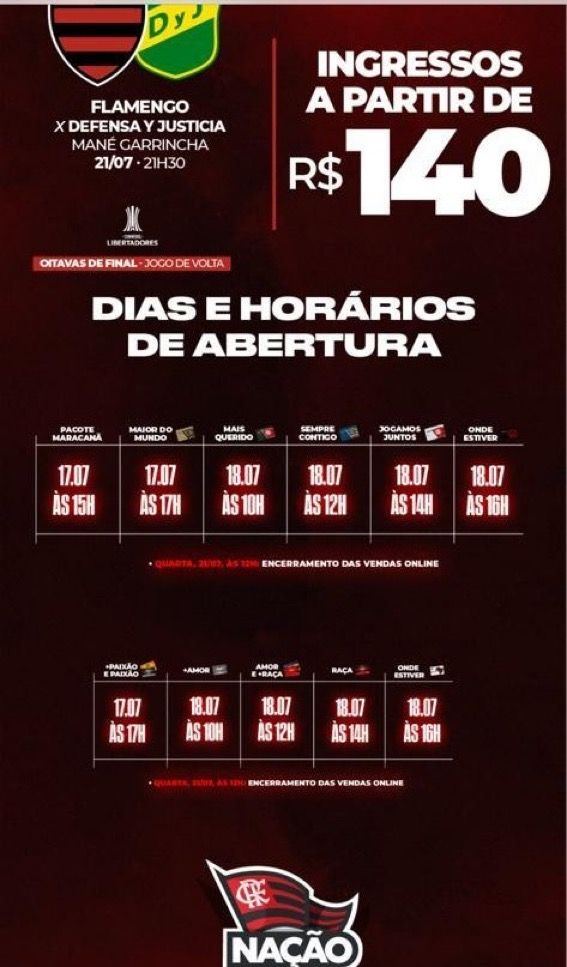 Flamengo divulga valor do ingresso para o jogo contra o Defensa